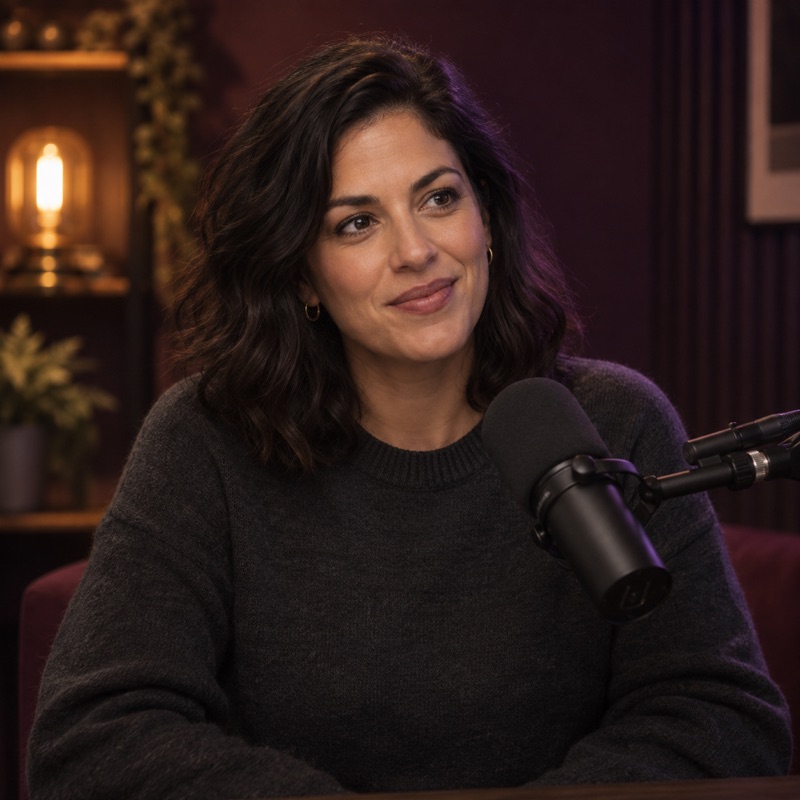 A podcast guest speaking into a studio microphone