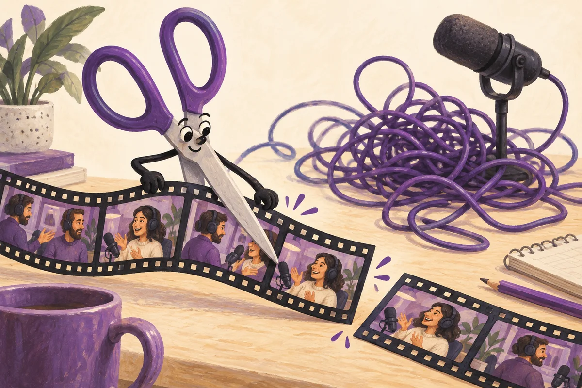 A pair of friendly animated editing scissors carefully trims a film strip while a very long microphone cable curls into spaghetti.